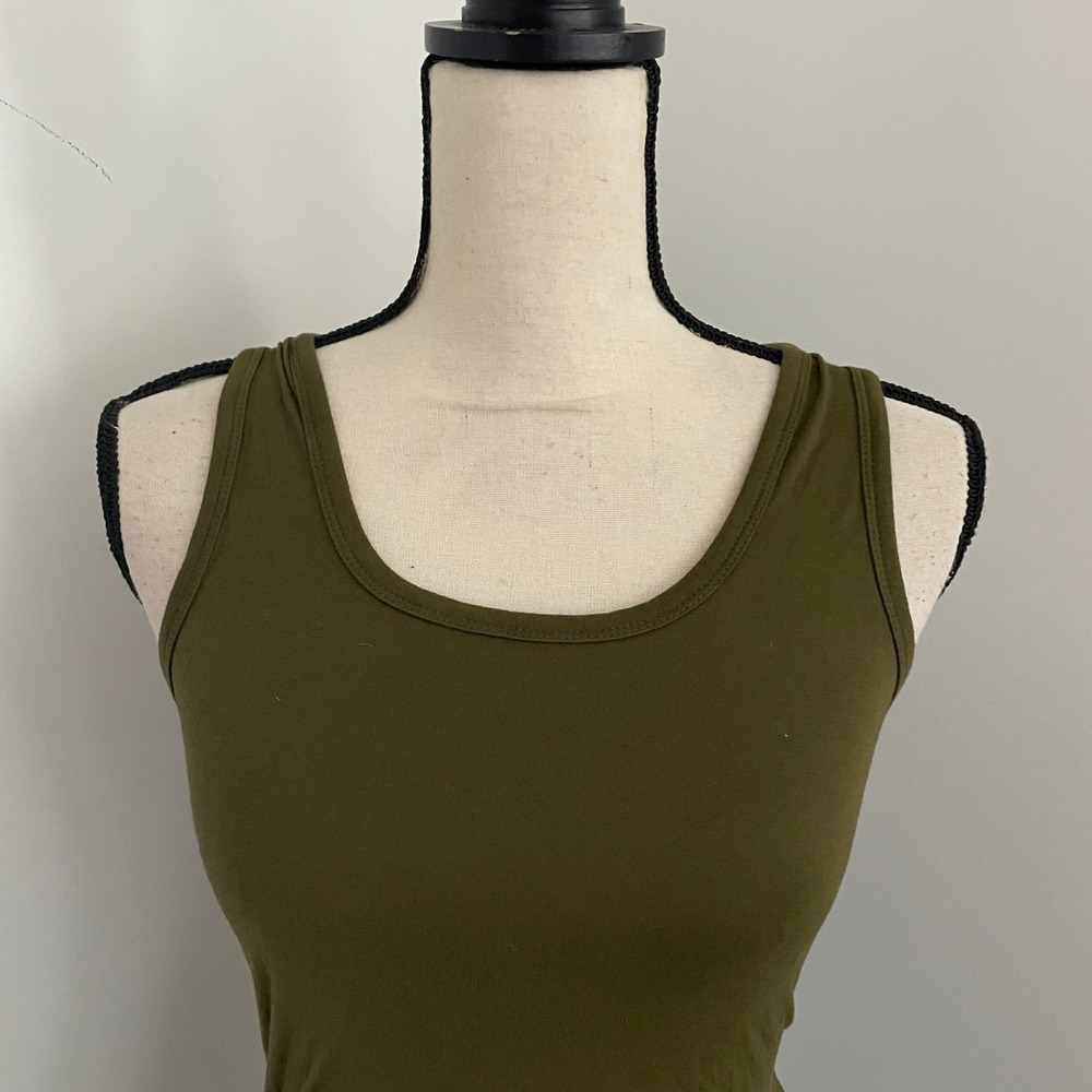 Green Racerback Dress XS Ruched Side Sleeveless Midi Minimalist Bodycon Coverup - Picture 2 of 10